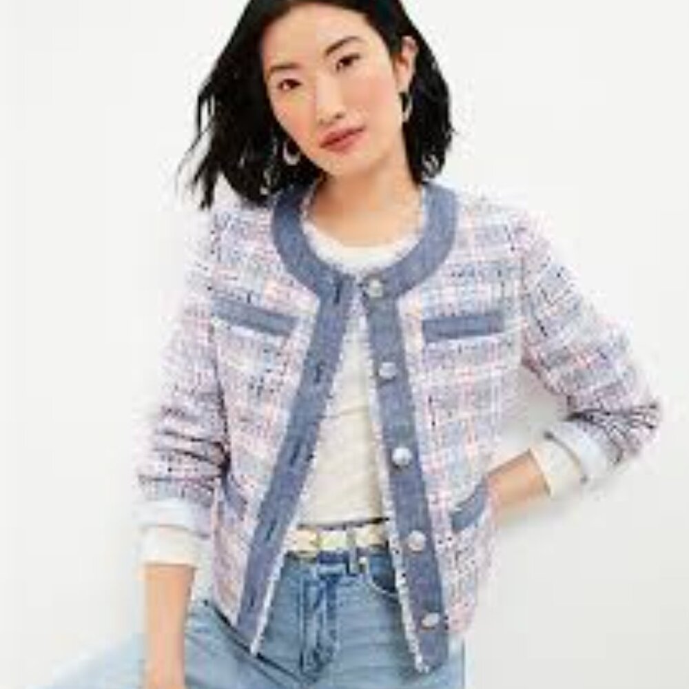 Loft Womens M Crop Tweed Blazer Jacket 4 Pocket Denim Trim Lined Frayed Career